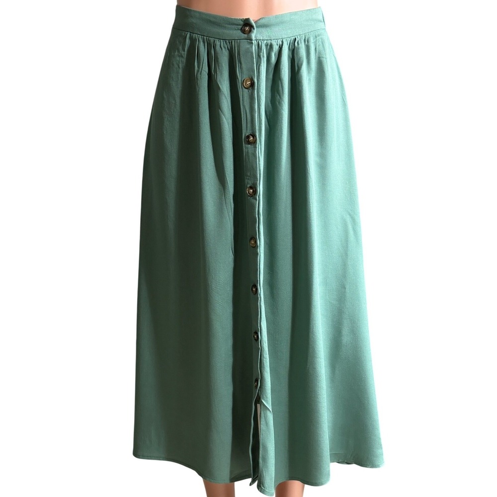 Petal + Pup Sage Green Button Down Midi Skirt Elastic Waist Womens Size 6